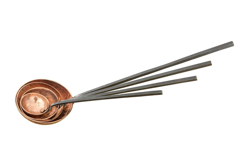Creative Co-Op Farmhouse Textured Copper Ladles with Metal Handles, Set of 4 Sizes in Drawstring Bag - Image 1